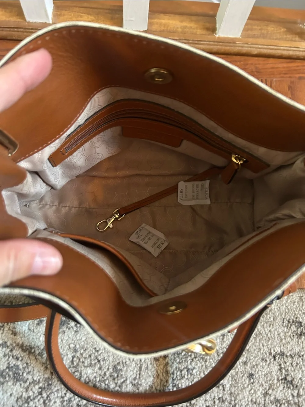 Michael Kors Cream and Tan Logo Satchel with Gold Hardware